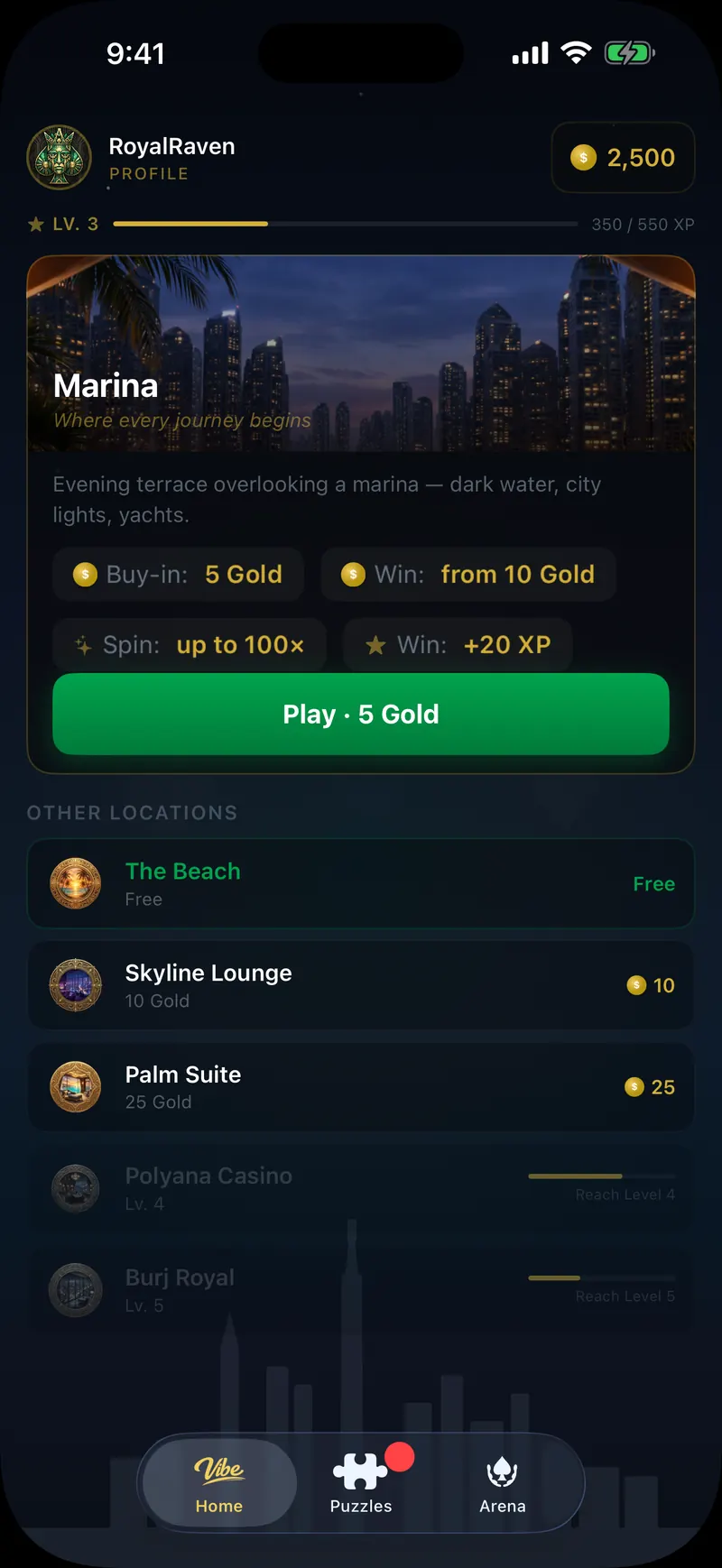 O lobby: cada sala mostra o buy-in, o que uma vitória paga e o XP que ela dá.