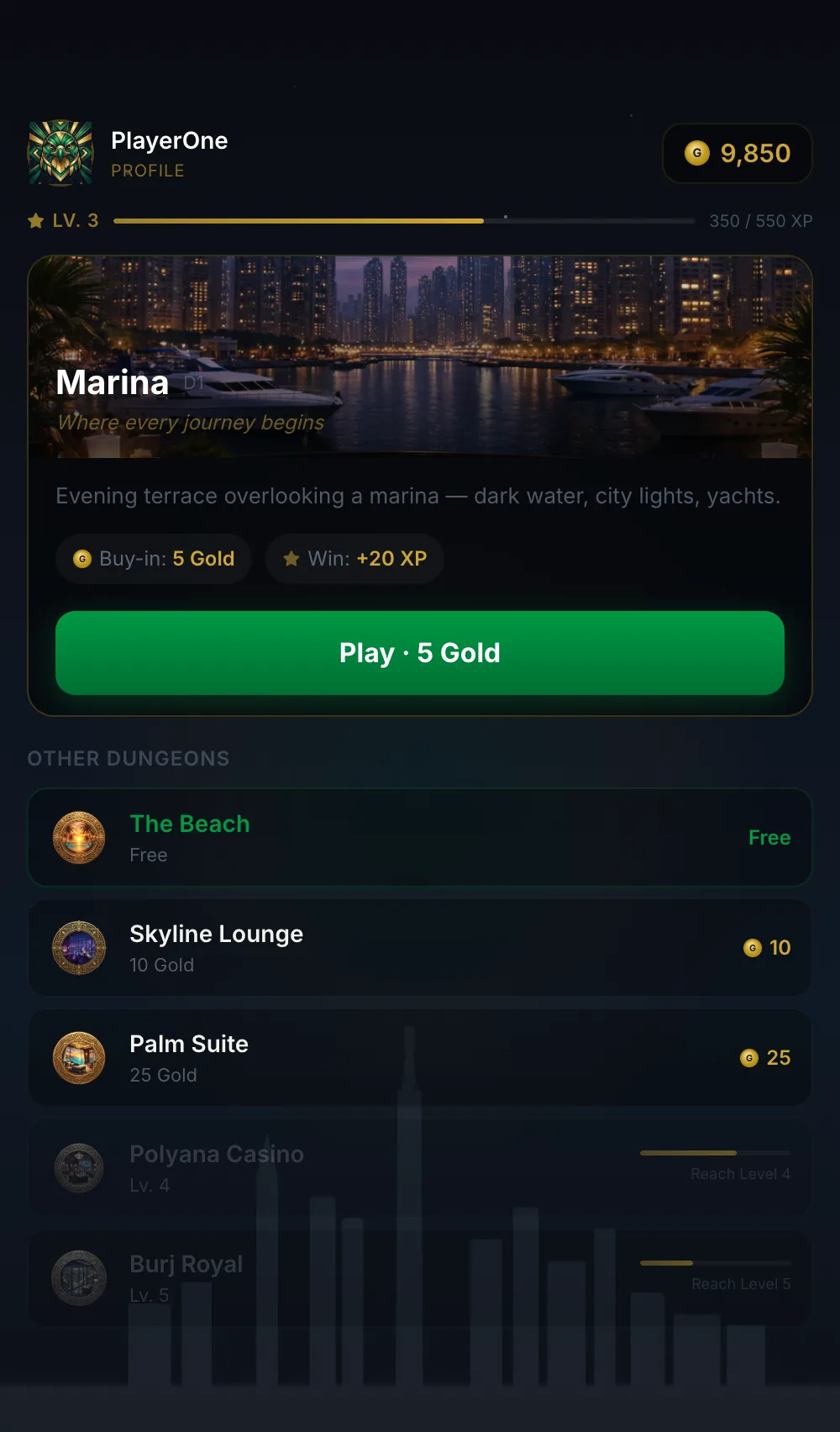 Lobby with dungeon tiers